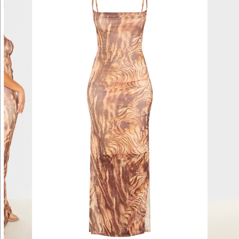 Pretty Little Thing maxi dress - Brown Printed Mesh Ruched Maxi Dress